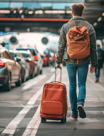 Un homme porte un sac à dos ainsi qu'une valise.